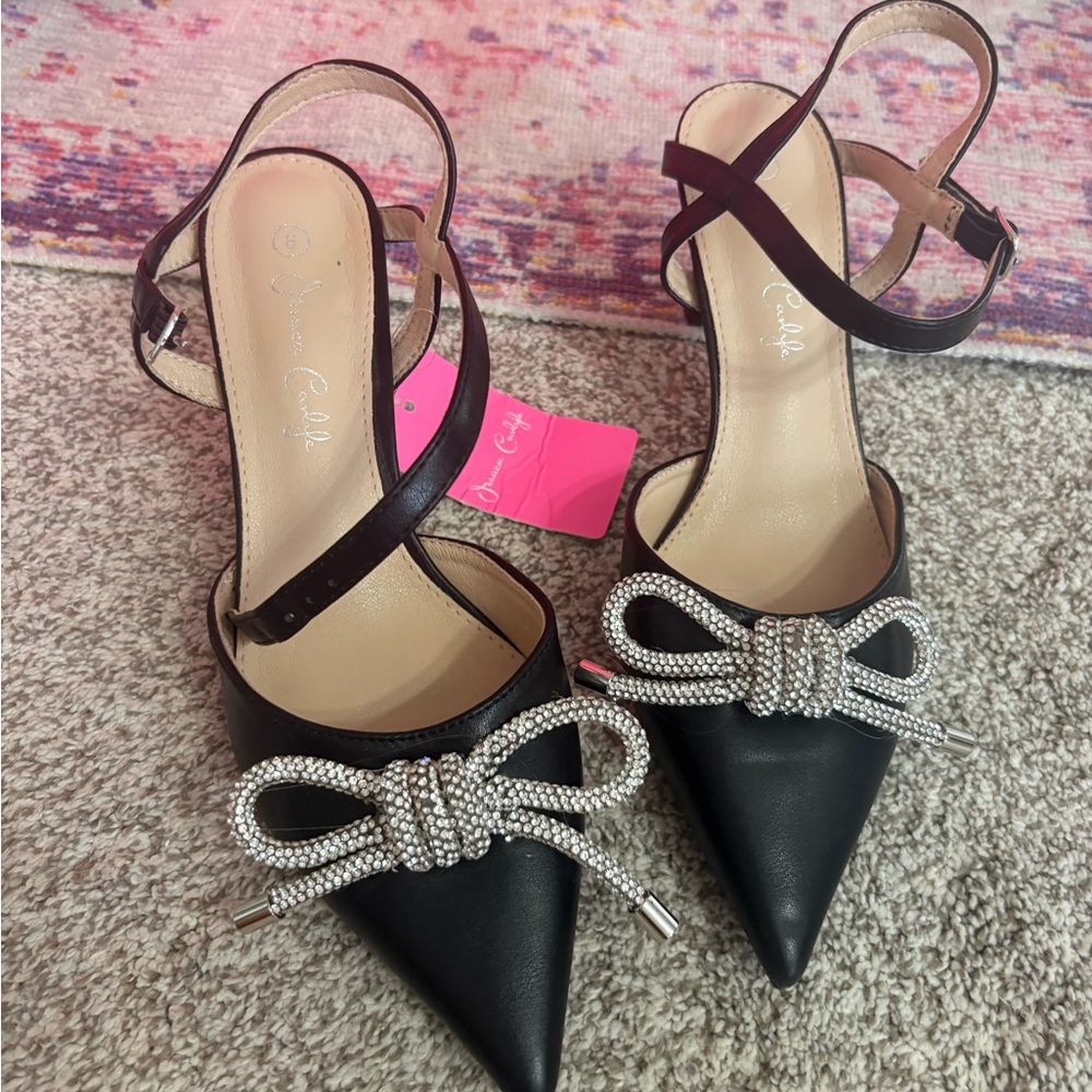 Black kitten heels with rhinestone bows